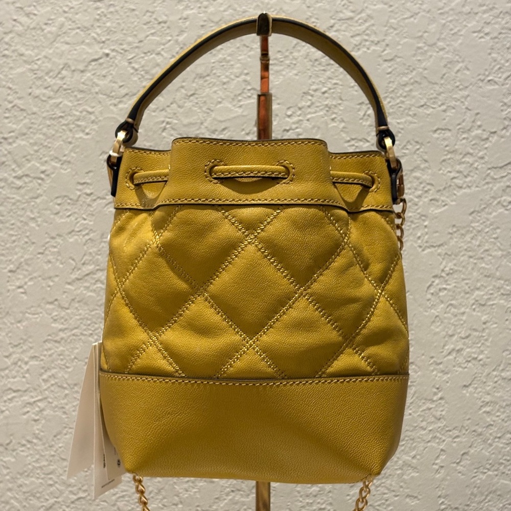 Tory Burch Yellow Quilted Drawstring Crossbody Bucket Bag - Picture 3 of 9